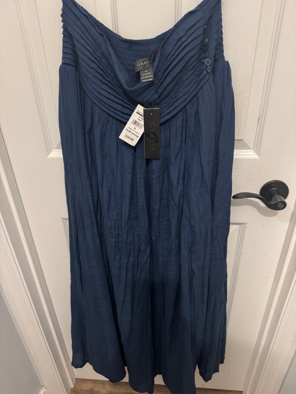 Gracia Navy Blue Pleated Maxi Skirt with Draped Waistband